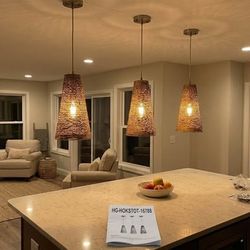 Set of 3 Woven Rattan / Wicker Cone Pendant Shades + Wiring Kits