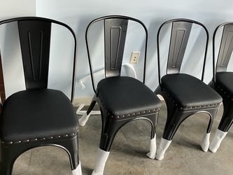 Set Of 4 Black Metal Farmhouse Dining Chairs With PU Leather Seats