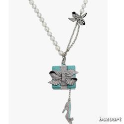 Betsy Johnson Tiffany Blue Gift Box W/ Shoe Pearl & Crystal Necklace