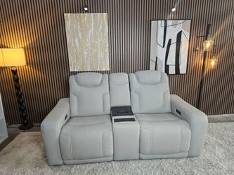 LIKE NEW- Alton Leather Power Reclining Sofa with Power Headrests and Cooling Unit Light Gray
