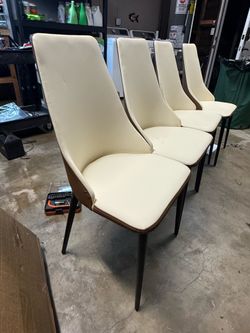 Set of 4 Dinning Chairs, Brown & White l Leather & Black Legs