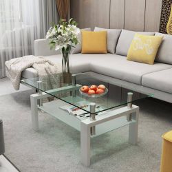 Rectangular Coffee Table/Tea table, Metal Frame, 2-Tier Tempered Glass Shelves