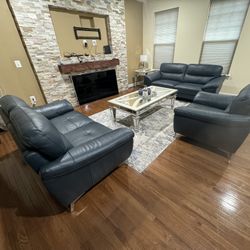 3 Piece Blue Leather Couch Set (Sofa, Loveseat, & Chair)