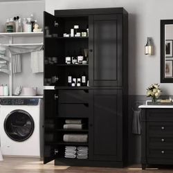 #C Bathroom Linen Cabinet with 2 Drawers, 32" W x 71.5" H - Black$90