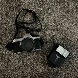 pentax super me film camera and flash attachment