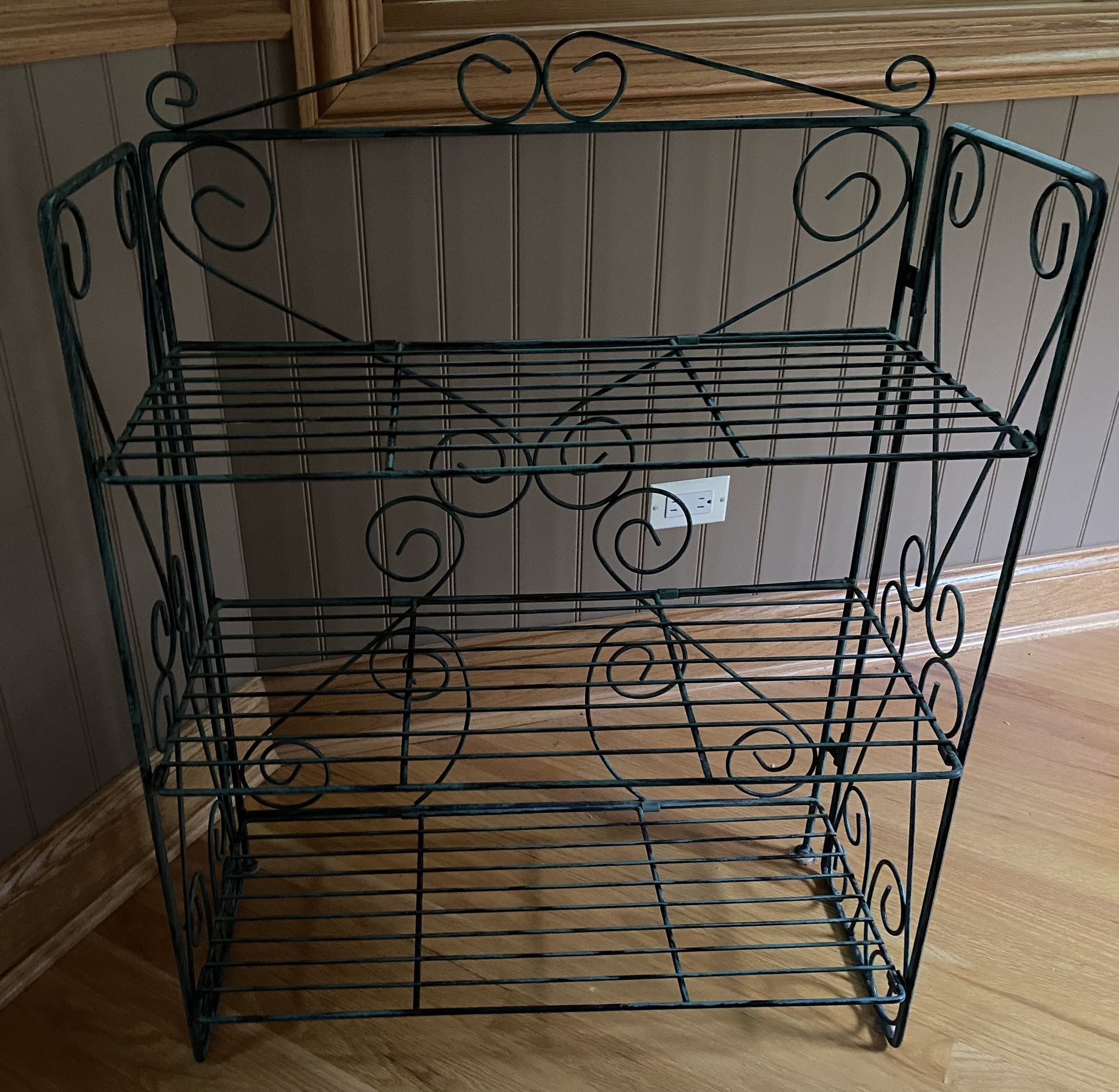 Standing Wrought Iron Shelf Distressed Army Green 3’Tall