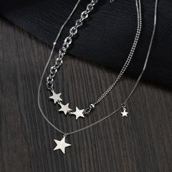 Fashion Stainless Steel Tiny Star Pendant Necklace Double-layer Chain Choker Nec