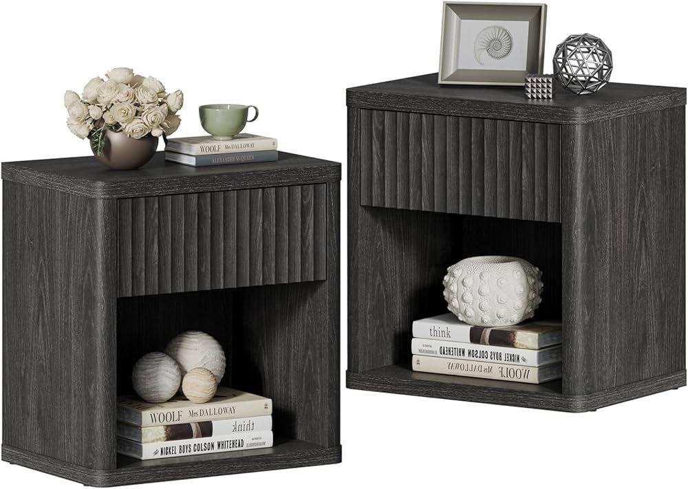 Set of 2 Nightstands with Drawer Storage Fluted Bed Side Table End Table Large Modern Wide Bedside Mid Century Night Stands for Bedroom Living Room So