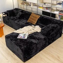 Boneless sectional sofa Black Jumbo Corduroy with Two Pillows