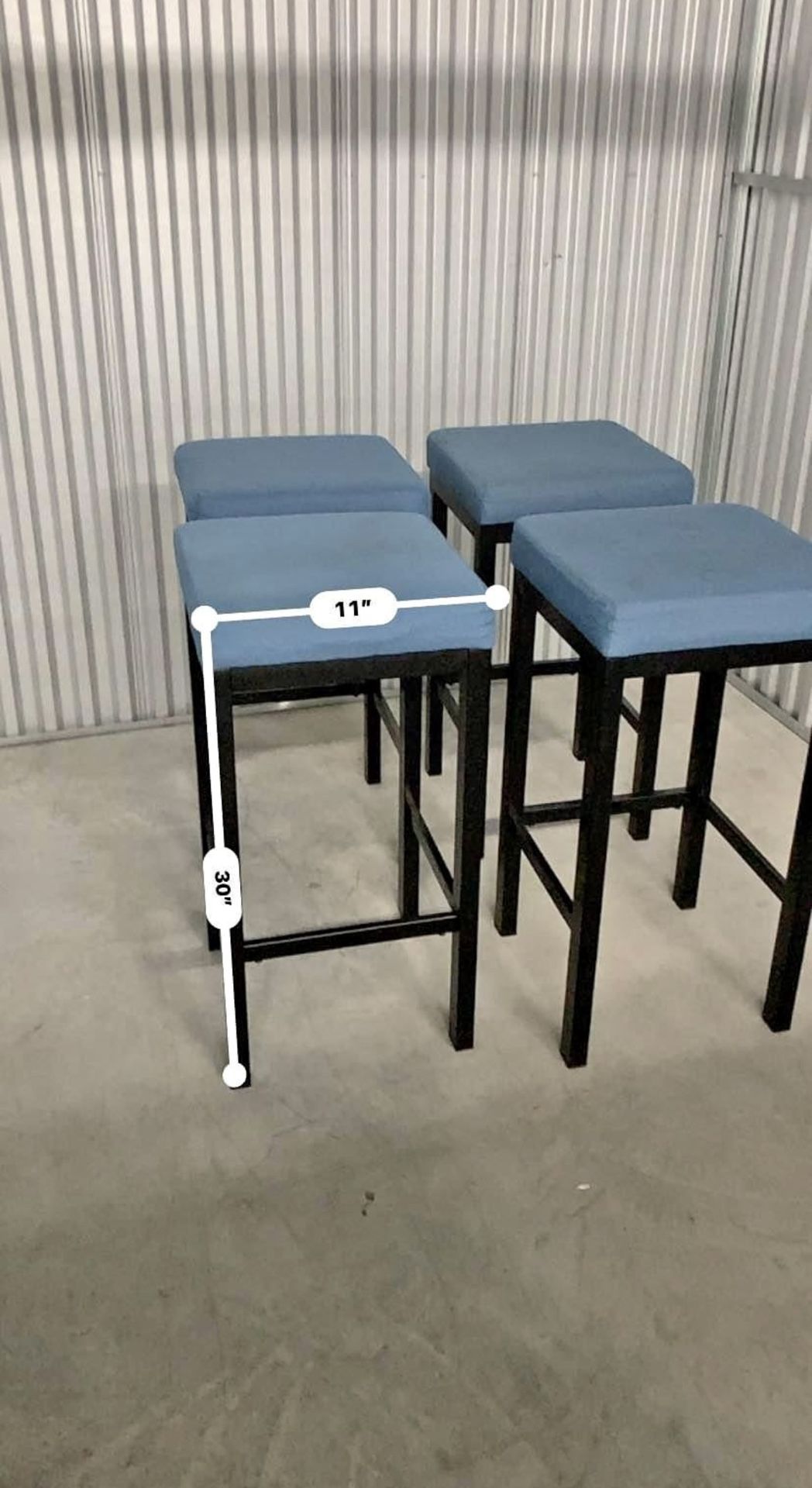 Set of 4 Barstools with Blue Cushions and Black Metal Legs