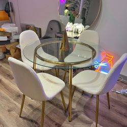 White Gold Velvet Modern Glass Dining Set For 4