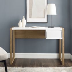 Manor Park Modern Grooved Drawer Writing Desk, English Oak and Solid White DESCRIPTION: Modern style English oak and solid white finishes 1 drawer on