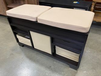 Dark Finished Bench with Tan Cushions and Storage