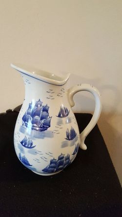 Antique Boehm White Porcelain Milk Pitcher with Blue Ships - Flawless!