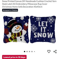 2Pack Latch Hook Kits Pillow Winter Snowman Blue Let It Snow Printed Canvas DIY Handmade Cushion Crochet Yarn Hook Latch Kit Embroidery Pillowcase Rug