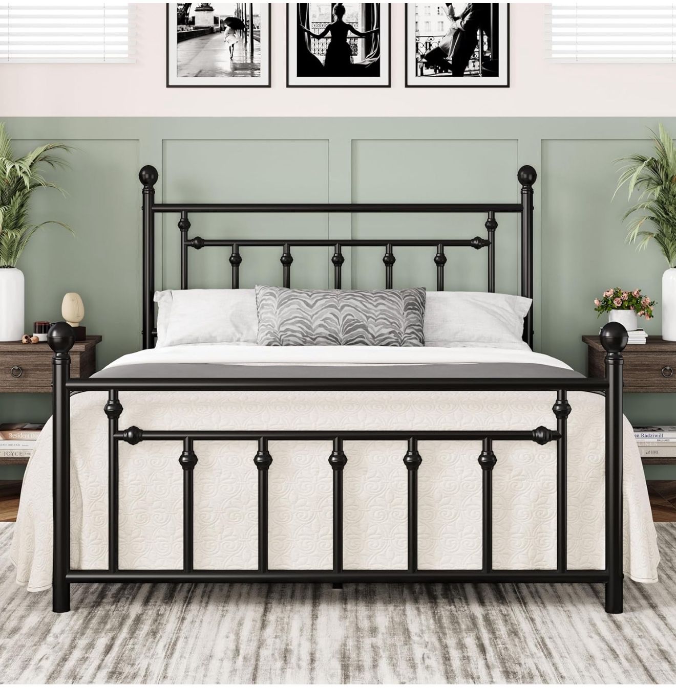 Full Size Metal Bed Frame – Victorian Design, Black
