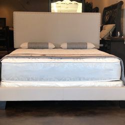 Brand New Full Size Beige Nailhead Bed Frame With New Mattress Set/Fast Delivery