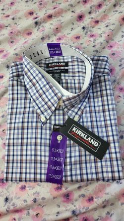 Kirkland Signature Men's Dress Shirt 17.5 36/37 Traditional Fit Plaid NWT