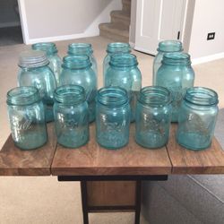 Vintage Lot of 13 Aqua Green or Blue Glass 1910-33 Ball Perfect Mason Jars Quarts/Pints Zinc Cap