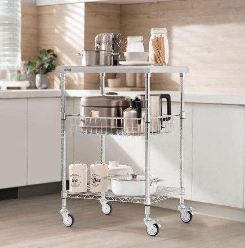 VEVOR Kitchen Utility Cart, 36.6"x20"x24" 3 Tiers Wire Rolling Cart, 470LBS Capacity Steel Service Cart with Brake Wheels, Storage Trolley with 76mm