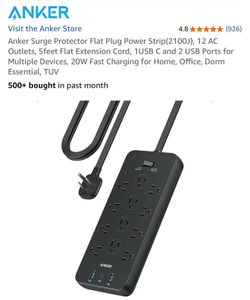 Anker Surge Protector Flat Plug Power Strip Black 5ft