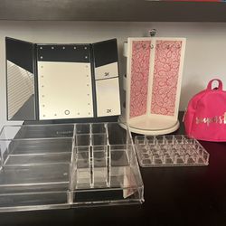 BEBE led light mirror, spinning jewelry holder, 24 lipstick holder, organizer and superstar mini bag