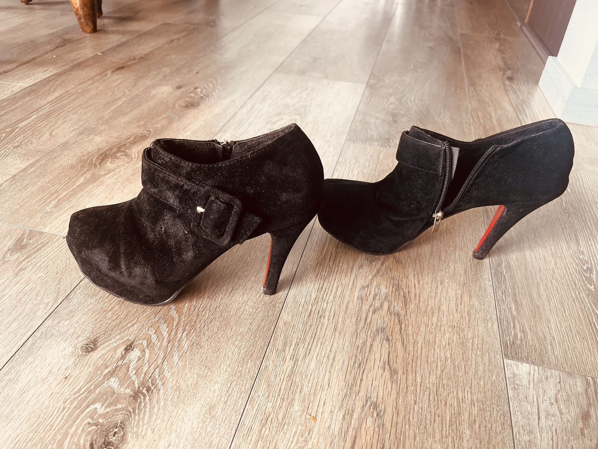 Women's Short Boots, Round Nose Platform, Frosted Flock Napped Leather, Buckle, High Heels