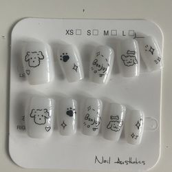 White Press-On Nails with Cute Doodle Dog Art Size Large
