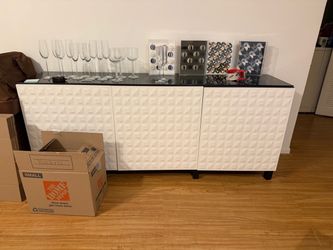 White Sideboard Buffet Cabinet with Black Glass Top