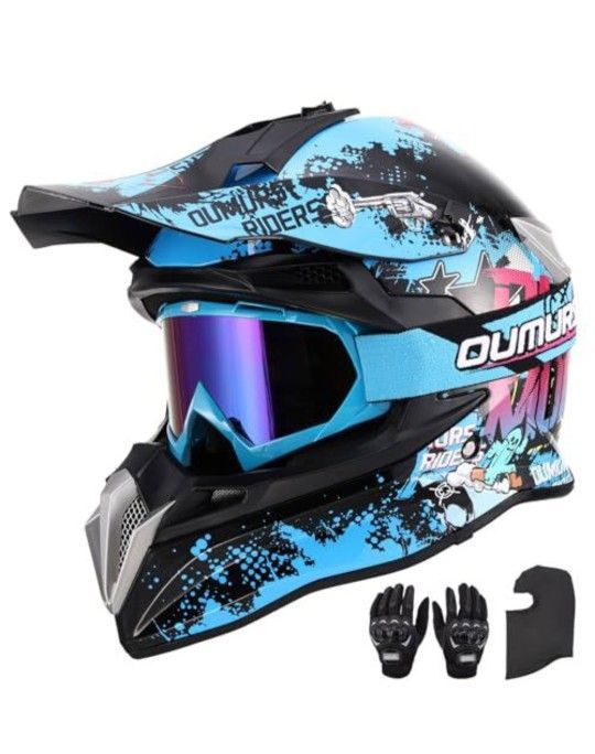 DOT Adult Dirt Bike Helmet with Goggles Gloves & Mask Adjustable Sun Visor Motorcycle Adult ATV Helmet Off-Road Motocross Downhill Moped MX BMX