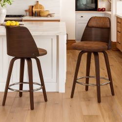 Yellow Brown Faux Leather Swivel Bar Stool Solid Wood Walnut Frame Counter Height Bar Stool (Set of 2)