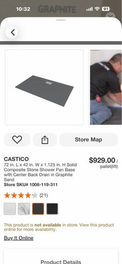 CASTICO 72 in. L x 42 in. W x 1.125 in. H Solid Composite Stone Shower Pan Base with Center Back Drain in Graphite Sand