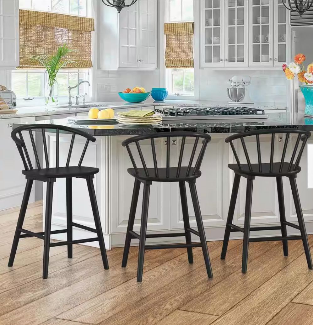 Winson Windsor 24 in. Black Solid Wood Bar Stool for Kitchen Island Counter Stool with Spindle Back
