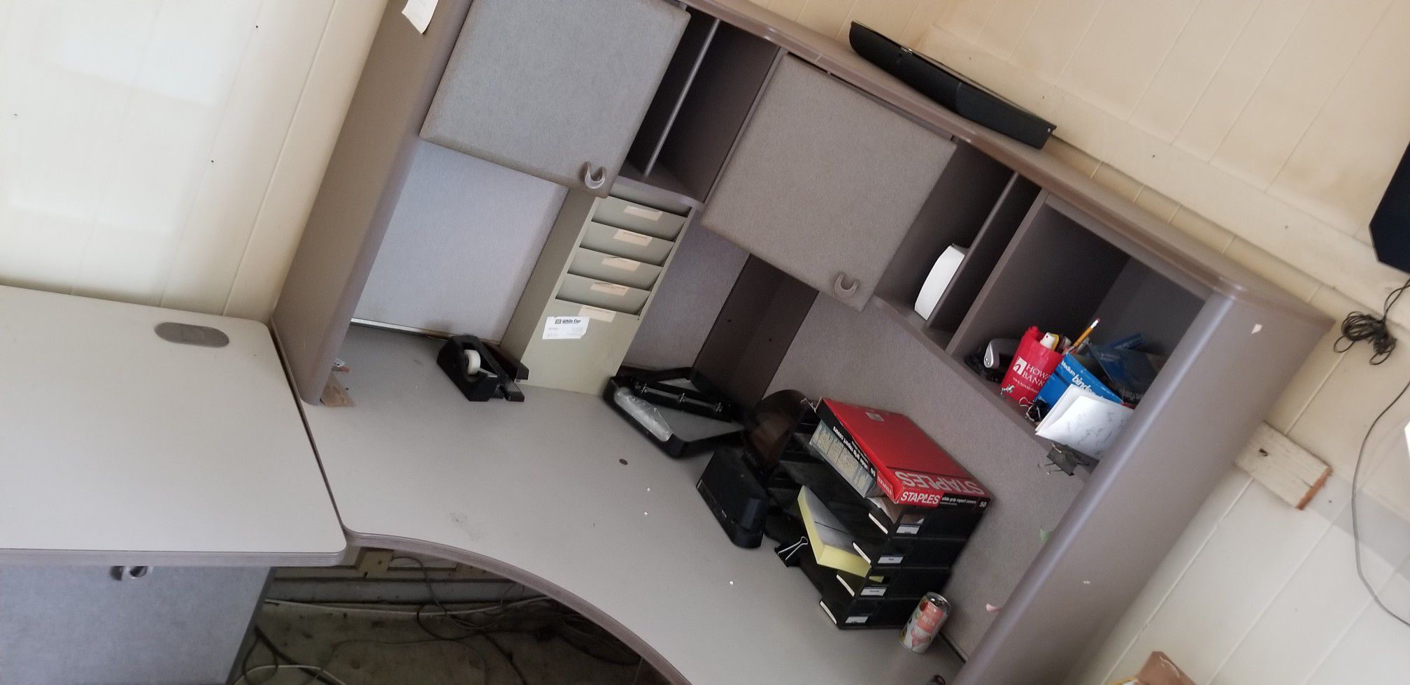 GREY OFFICE DESKS AND FILE CABINETS