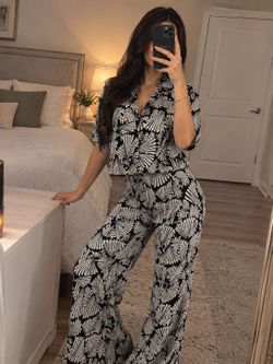 New Black & White Printed Viscose Top & Pants Set