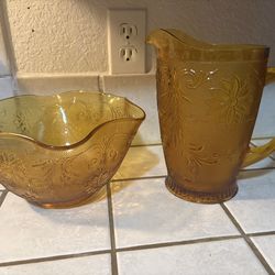 Vintage Tiara Amber Crimped Salad Bowl and Pitcher
