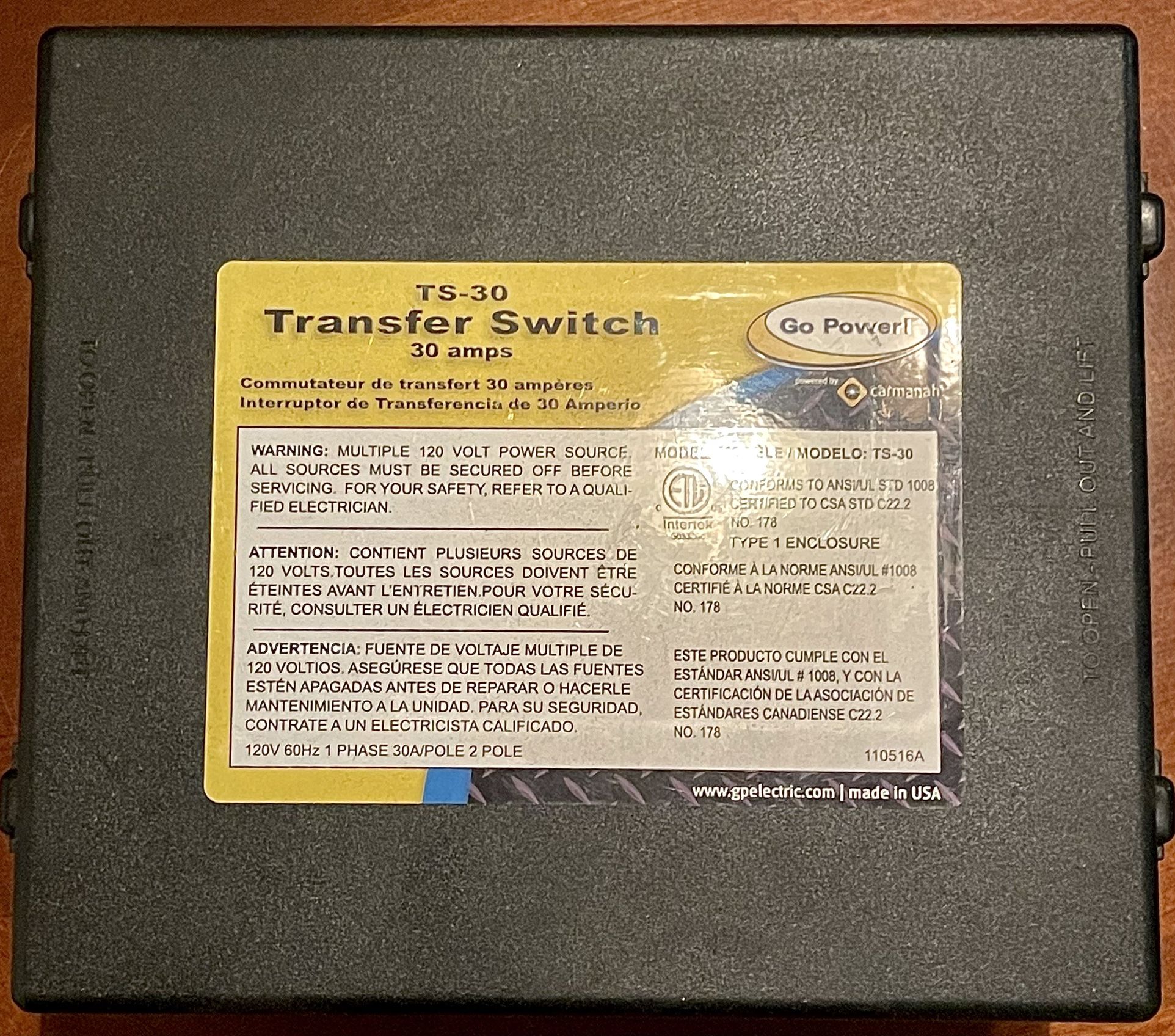GO POWER, TS-30, 30 AMP TRANSFER SWITCH