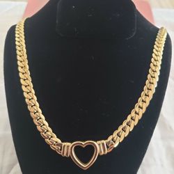 Stainless Steel Necklace With Cuban Link And Hearts Pendant..19in Long  