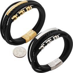 316L Stainless Steel 18k Yellow Gold Plated 26mm Beaded ID Tag Leather Bracelet 8”