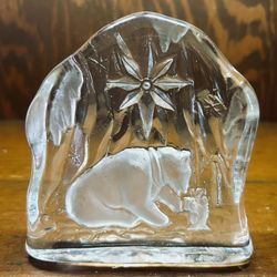 Glass Paperweight  Bear and Penguin Clear Etched