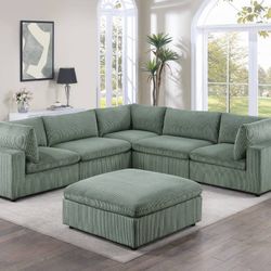 Brand New Super Plush Sage Green Corduroy Sectional Sofa Set