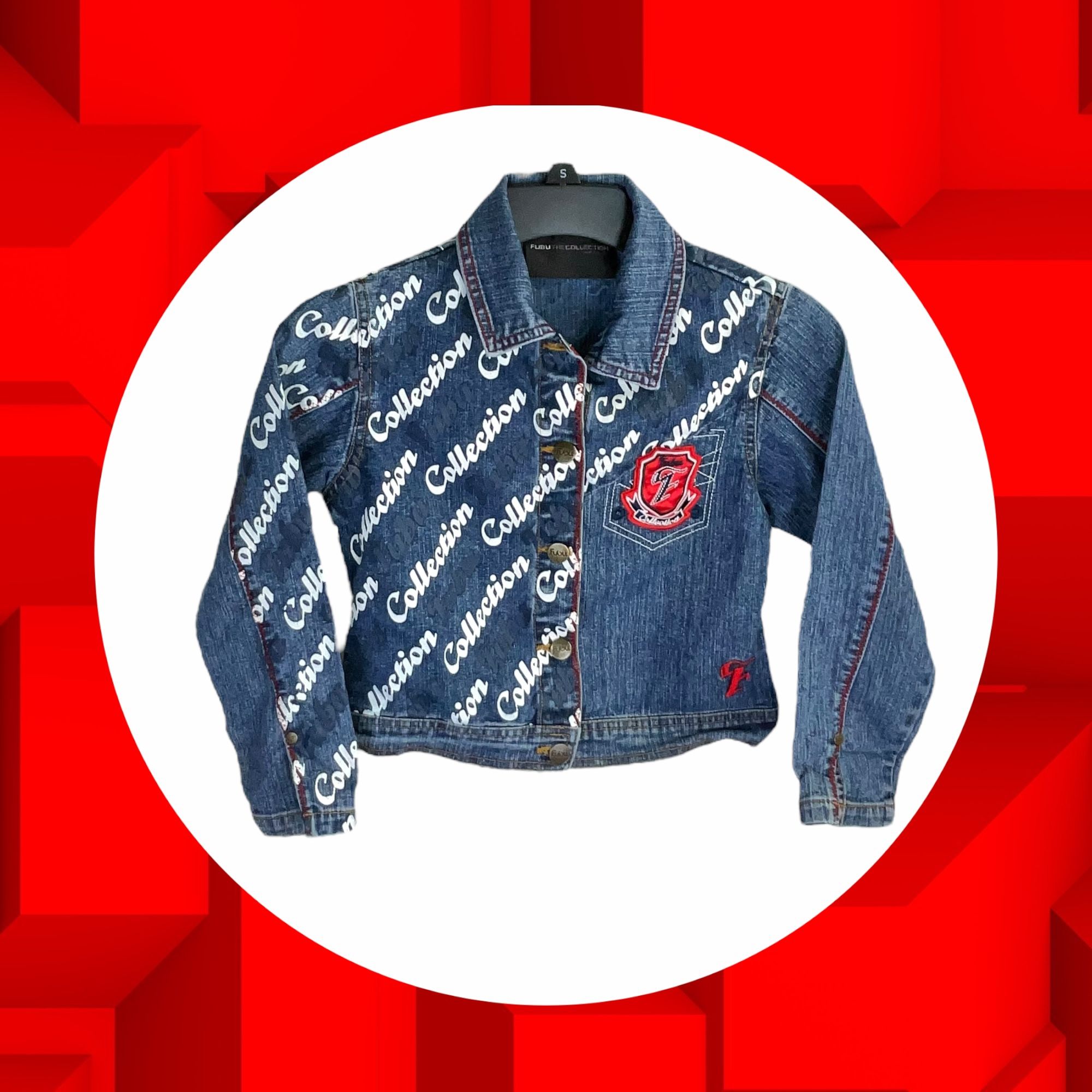 Fubu The Collection Blue Denim Jean Jacket w White, Red, Gray Accents Girls XL 6X
