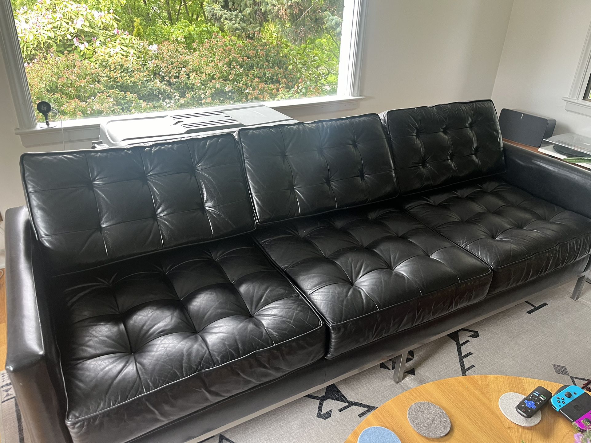 MCM Tufted Black Leather Sofa