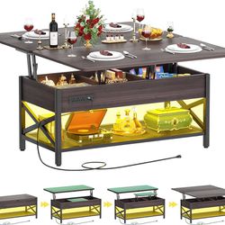 Coffee Table Lift Top with LED Light and Power Outlet, Multi-Function Coffee Table Converts to Dining Table, Center Table with Shelves for Living Room