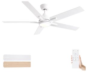 Sevenine 52 Inch Ceiling Fans with Lights and Remote, White Ceiling Fan with 5 Balde for Outdoor/Bedroom Living Room, Downrod, 6 Speed Reversible DC M
