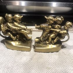 Vintage Brass Children Tug Of Rope War Bookends Pair Mid Century Kids Figure Craftsman USA 