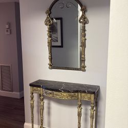 Antique Solid, Brass Table And Mirror
