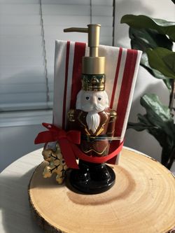 Nutcracker Soap Dispenser with Towel Set - Gold and Red