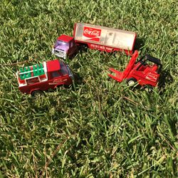 Vintage Buddy L Coca Cola Delivery Trucks And Forklift With 2 Boxes Of Bottles Lot