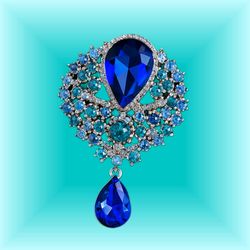JJ Fantasia China 1990s Blue Crystal Statement Brooch With Drop, 2.25x3.35”